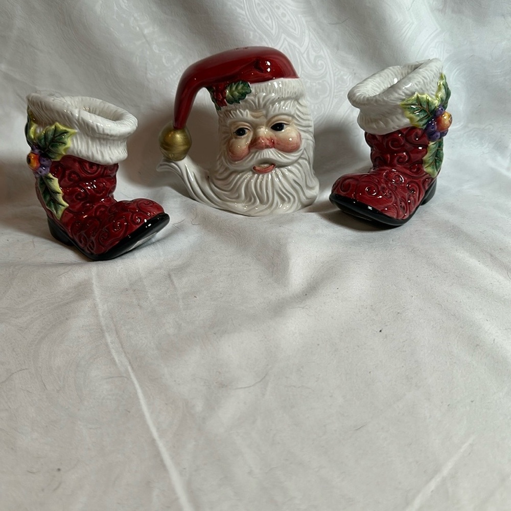 Fitz & Floyd Santa  Boots Salt & Pepper set and One Santa head shaker